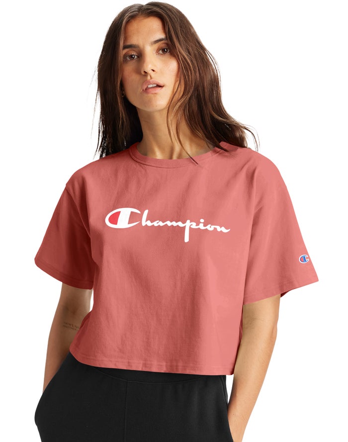 Champion T-Shirt Dames - Koraal - Heritage Cropped Script Logo ( 069418-WKJ )